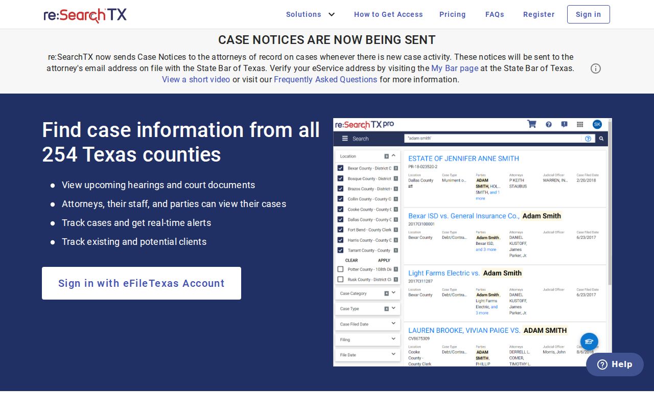 Zavala County case search tabs for cases filings text and hearings