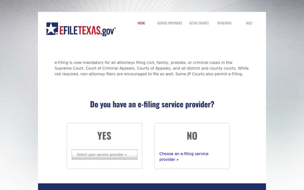 Official eFileTexas public electronic filing entry page used for Zavala County civil matters
