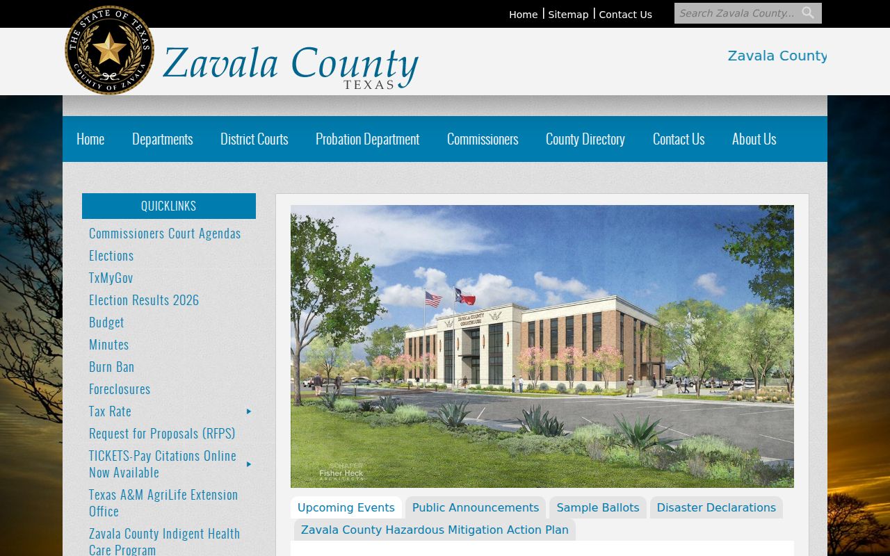 Zavala County court calendar access on the county landing page
